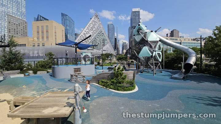 The playground, with the rope tower and big slide.