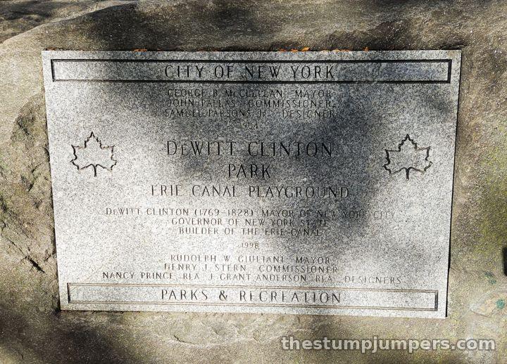 The plaque: DeWitt Clinton Park, Erie Canal Playground, 1996.