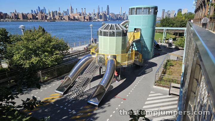 The whole playground from above, with Manhattan across the river.