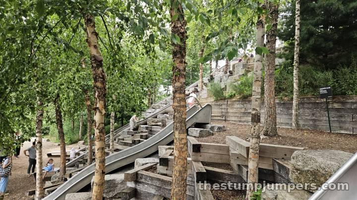 Wooden terraces climbing up the hillside.