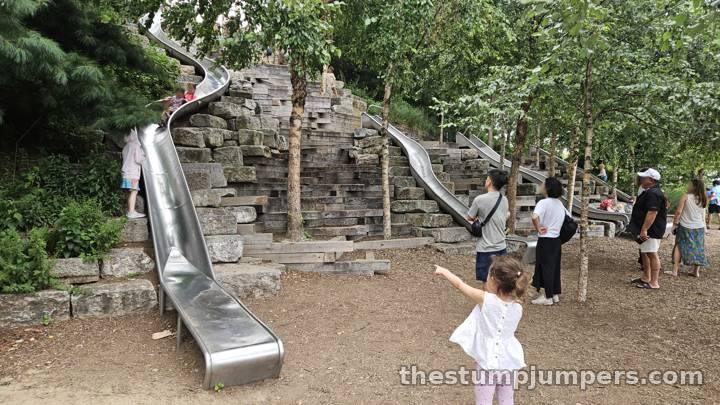 The metal slides, built right into the hill.