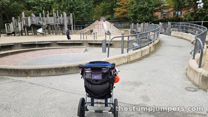 One way in, one way out, and the jogging stroller parked at the starting line.